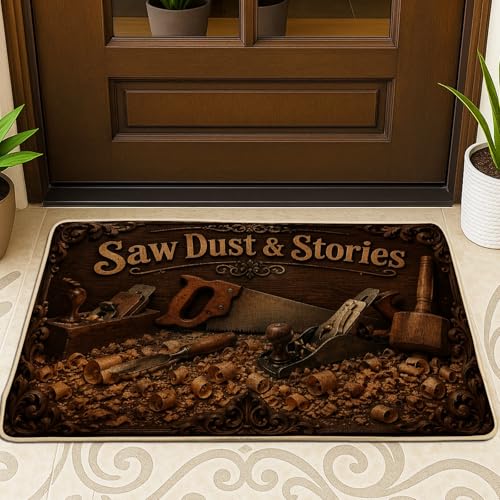 Saw Welcome - Tapete para puerta de bienvenida rústico, vintage, marrón, antideslizante, atrapasuciedad, para el hogar, interior, exterior, entrada, porche, decoración de 29 x 17 pulgadas
