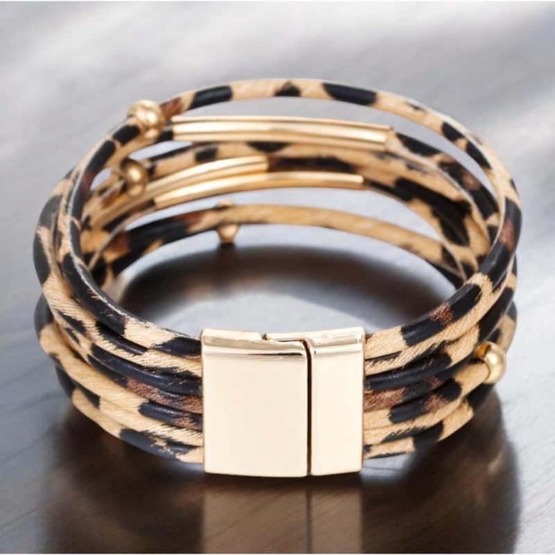 Caiyao Simple Beaded Leather Wrap Bracelets for Women Leopard Print Trendy Layered Stackable Buckle Bohemian Wrist Cuff Bangle Jewelry4