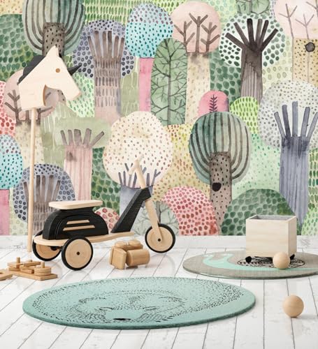 GAULAN 683230 - Papel pintado vinílico mural infantil con bosque de árboles en estilo acuarela para pared habitación infantil cuarto niño niña - 2,80 m x 1,59 m