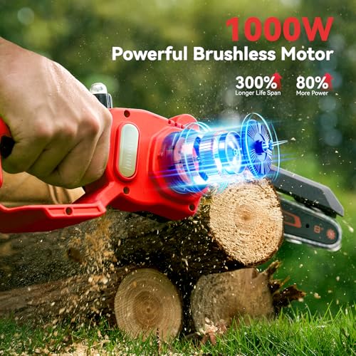 Image of Mini Chainsaw Cordless, 8 Inch & 6 Inch Electric Chainsaw Battery Powered, 1000W Brushless Handheld Power Chain Saw with 2 Batteries, Small Tree Saw for Branch Trimming Wood Cutting