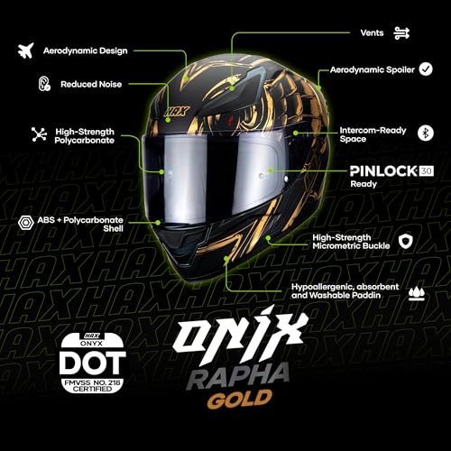Image of HAX Onix Full Face Motorcycle Helmets DOT Approved, Pinlock Ready & Intercom Slot , Motorbike Powersports Street Racing for Men Women(Pharaoh Matte Blk-Gld, L)