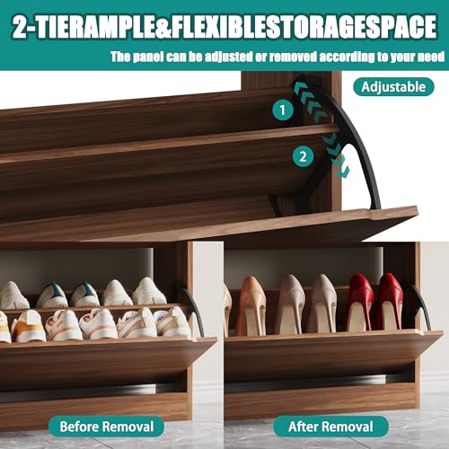 Image of Xixini Shoe Storage Cabinet for Entryway with 2 Flip Drawers, Wood Freestanding Hidden Shoe Storage, Narrow Slim Sturdy Shoe Organizer for Front Door Entrance, Living Room, Hallway, Bedroom, Walnut