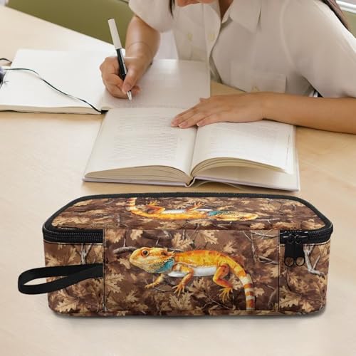 Image of Lizard Leaf Camo Pencil Case for Boys Large Capacity Pencil Pouch for Kids Multi-function Portable Lightweight Pen Box with Strap for School