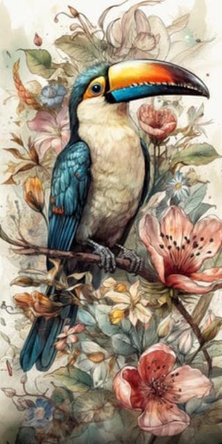 Tableau acrylique oiseau toucan peinture aquarelle fleur