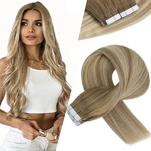 VeSunny Tape in Hair Extensions Human Hair Blonde Highlighted Balayage Hair Extensions Dip Dyed Color Real Hair Extensions Tape in Human Hair Extensions Brazilian Straight Hair 20pcs 50Gram/Pack