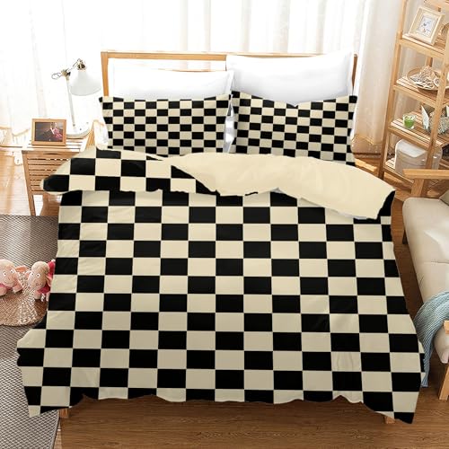 Juego de Cama a Cuadros 200x200cm, Funda nórdica Infantil Moderna de Microfibra a Cuadros, de Cama con Estampado Floral a Cuadros, con Cremallera y 2 Fundas de Almohada de 50x75 cm (A, 200x200cm)