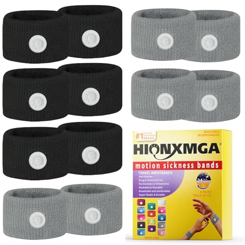 HIONXMGA 6 Pairs Motion Sickness Bands Natural Anti Nausea Acupressure Wristbands for Morning & Motion Sickness Relief Ideal for Car Cruise & Flight Travel for Adults and Kids