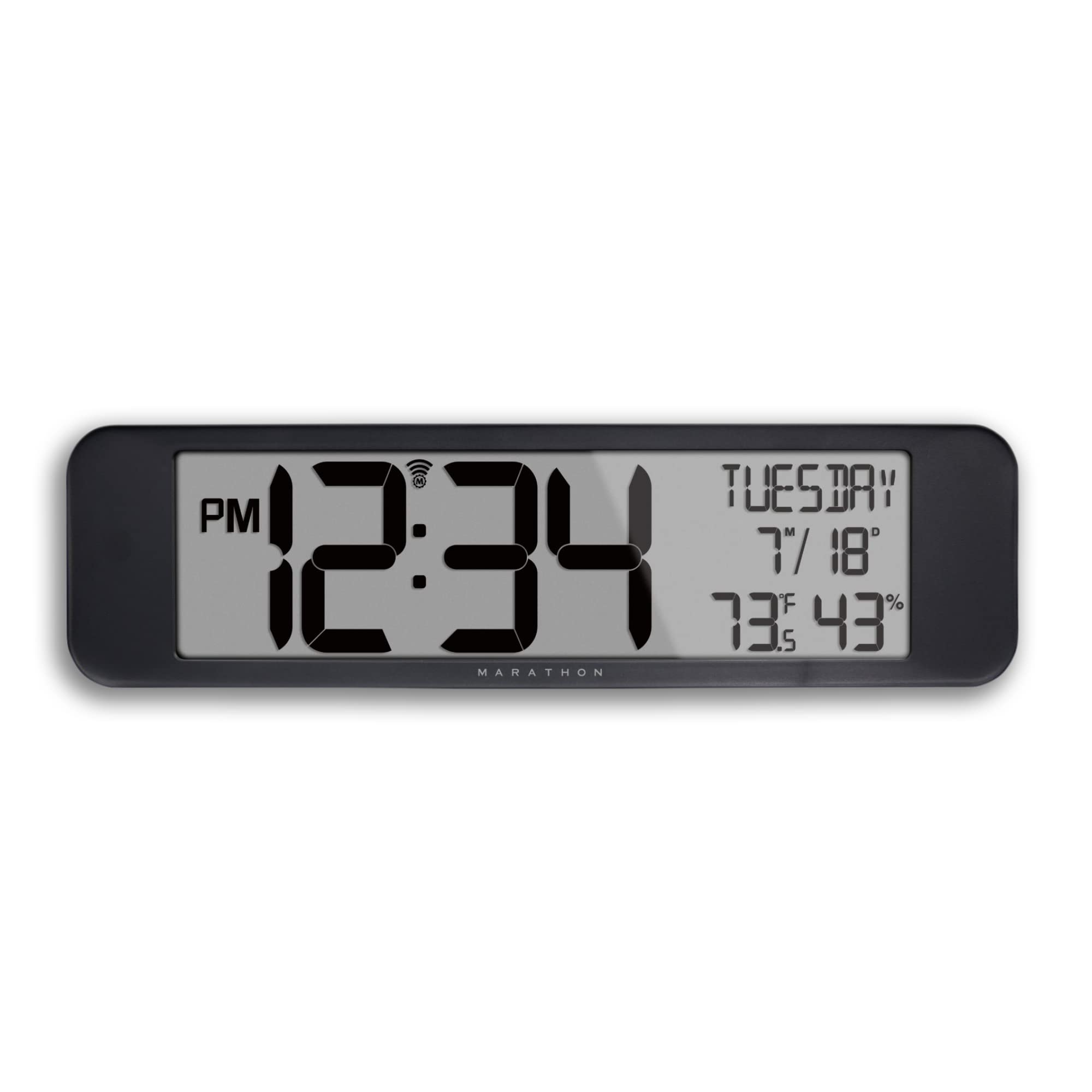 MARATHONUltraWide Atomic Wall Clock, Black - Large, 14-Inch Panoramic Display - AM/PM or 24-Hour Time Format, Eight Time Zones, Indoor Temperature & Humidity - Two AA Batteries Included
