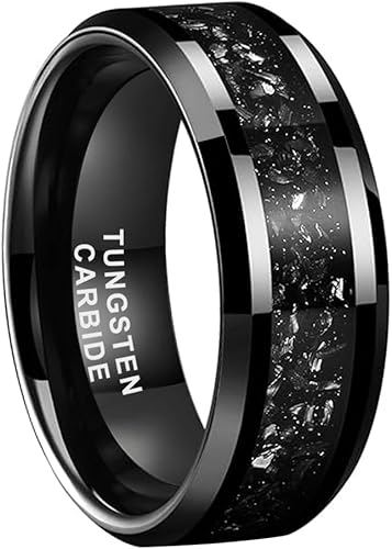 Anillos de 6mm y 8mm de tungsteno plateadonegro para hombres y mujeres, con incrustaciones de virutas de meteorito, anillos de compromiso y