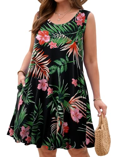 Image of JollieLovin Women Plus Size Curvy Summer Tank Sun Dresses Sleeveless Causal T-Shirt Dress Beach Swing Cover up(L-5X)