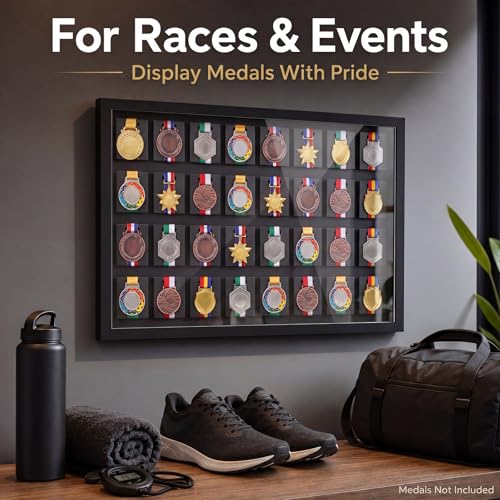Image of Silipull 32 Medals 3D Large Medal Shadow Box Display Case with Glass Cover, Medal Holder Display Frame 98% UV Protection 32.5 x 20.3 Inches for Runners Marathon Triathlon Soccer Gymnastics All Sports