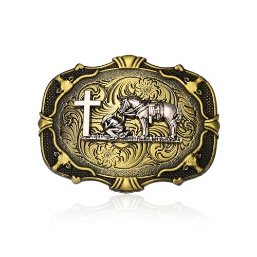 MUSVIKY Western Belt Buckle Cowboy Rodeo Religion Faith Celtic Cross Horse Horseman Design Belt Buckle for Men
