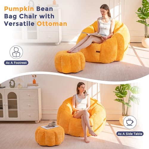 Image of MAXYOYO Giant Bean Bag Chair with Ottoman, Pumpkin-Shaped Bean Bag Sofa with Footstool, Oversized Boneless Couch Chair in a Box, Comfy and Lazy Lounge for Dorm, Living Room, Bedroom, Orange