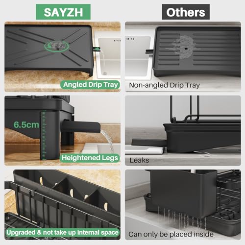 Image of SAYZH Detachable 2 Tier Dish Drainer and Drainboard Set, Large Capacity Organizer Shelf With Utensil Holder, Cup Rack for Kitchen Counter, Black
