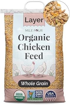 Mile Four Organic Chicken Feed 23 lbs Layer Whole Grain, Non-GMO, USA Grown, 16% Protein, Corn-Free, Soy-Free, Non-Medicated Feed for Chickens