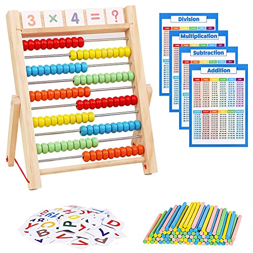 ADDLIVE Boulier Abaque Enfant Bois, Montessori Mathématique Abaque, Jouets Éducatifs 2 Ans avec 4 Affiches de Calcul, 100 Bâtonnets de Comptage, 120 Carte Nombre / Symbole