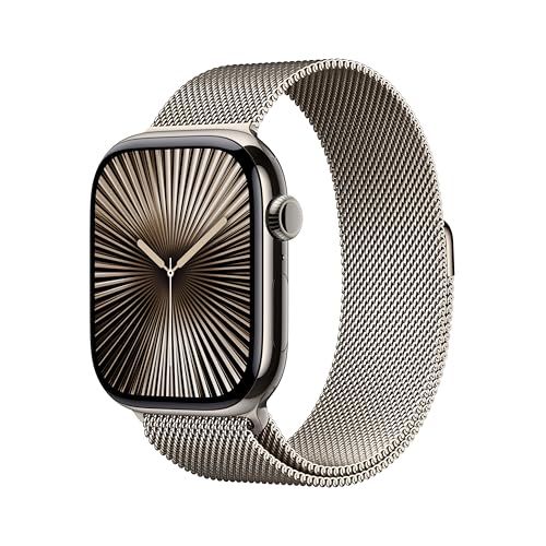 Image of Apple Watch Series 10 [GPS + Cellular 46 mm] Smartwatch with Natural Titanium Case with Natural Milanese Loop - M /L. Fitness Tracker, ECG App, Always-On Retina Display, Carbon Neutral