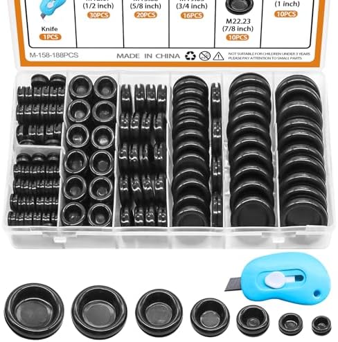 Mankk - 188 Pcs Closed Rubber Grommet Set, 7 Sizes Assortment Kit (7/25", 3/8", 1/2", 5/8", 3/4", 7/8", 1", Round Drill Hole: