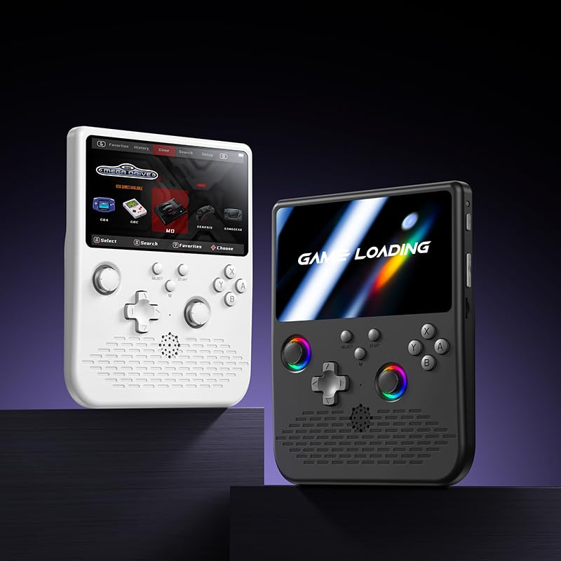 2025年新型 H5 ポータブルゲーム機 5インチIPS大画面 Linux TitanOS搭載 64G/128G対応 ダブルジョイスティック RGBライト付き 4000mAhバッテリー 34種類のシミュレーター対応 OTG有線・無線コントローラー接続可 レトロアーケード懐かしゲーム機 (ブラック＋パープルキー, 128G)