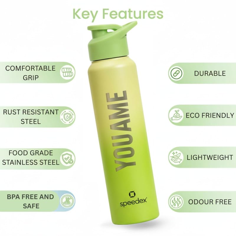 Image of Speedex Engraved Name Stainless Steel Sipper Water Bottle 1 Ltr - Customised Personalised Bottle for Kids & Adults, School, Gym, Sports, Lime Green, Set of 1