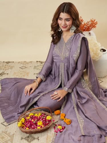 Image of MOKOSH Women's Silk Heavy Embroidered Anarkali Suit Set with Dupatta