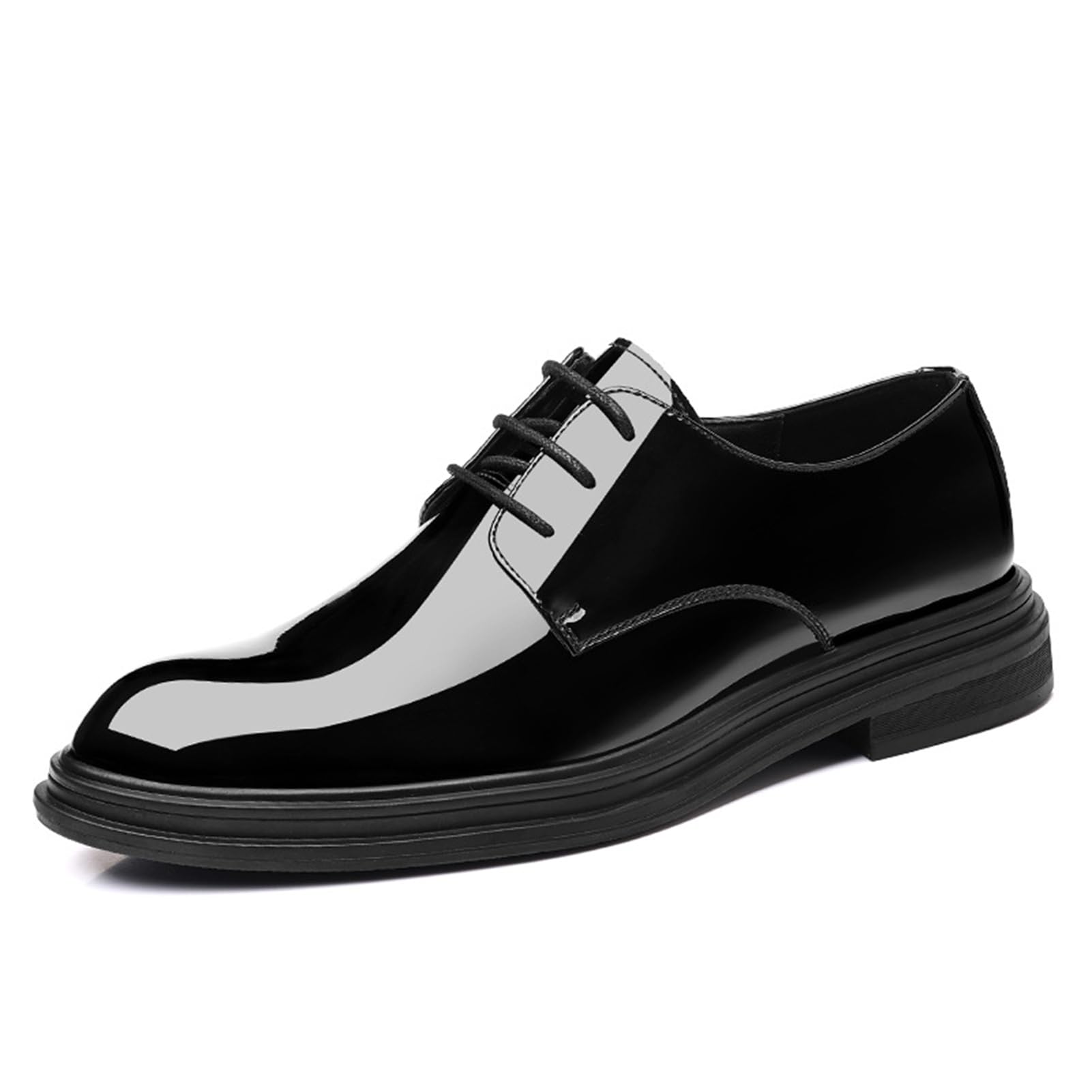 Mens Low Heel Derby Dress Shoes for Men Patent Round Toe Lace-up Business Comfortable Chunky Heel Soft Bottom