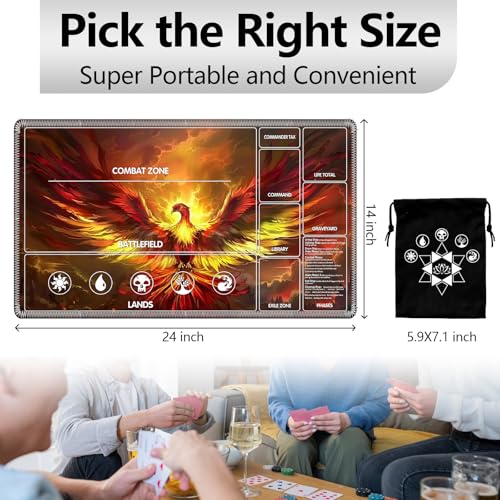 Image of for MTG Playmat with Card Storage Bag,Non-Slip Rubber Base & Smooth Surface 24x14in,Beginner-Friendly Magic Mat for Commander Deck,Phoenix Flame Bird