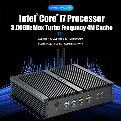Image of KINGDEL Mini Desktop Computer Micro PC with i7 CPU, 8GB RAM, 128GB SSD+1TB HDD, Fanless, 2xLAN, 2xHD Ports, 4xUSB 3.0, 6xCOM RS232
