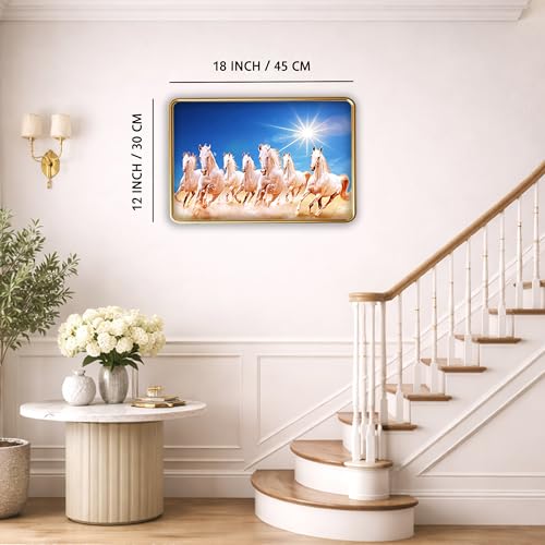 Image of XOPY Seven Running Horses with Golden Frame | Vastu 7 horses Raw Pyrite Painting for Home, Office & Living Room Wall Decore | 12X18 Inch Sparkle Laminated Frame | Best For Gifting (3109, 12X18)