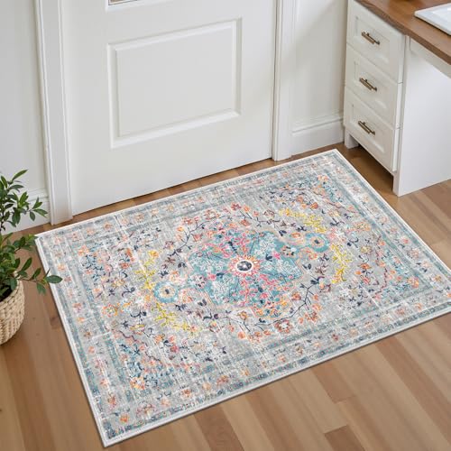 Pauwer Boho Washable Area Rug 2x3 Soft Living Room Bedroom Floor Carpet Mat Indoor Farmhouse Vintage Non Slip Accent Throw Rugs for Entryway Kitchen Dorm Dining Room