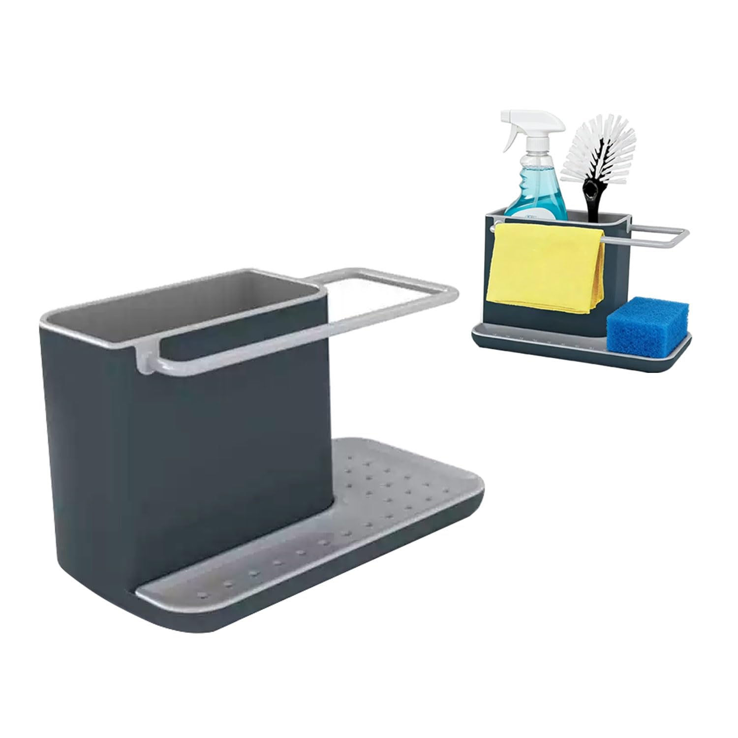SNBBGT Kitchen Sink Organizer, Sink Cleaning Non-Slip Organizer with Countertop Sponge Holder and Rag Holder, 2 Compartment, Anthracite Grey and White