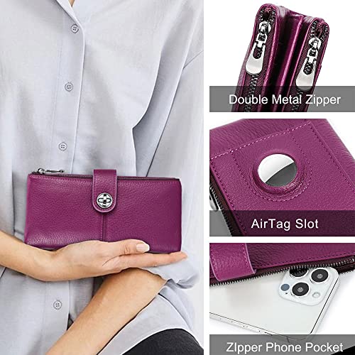 CONTACTS 18 Card Slots Turnlock Wallet for Women Leather Airtag Purse Zipper Phone Organizer Bifold Rfid Wallet with Photo Window (Purple)2