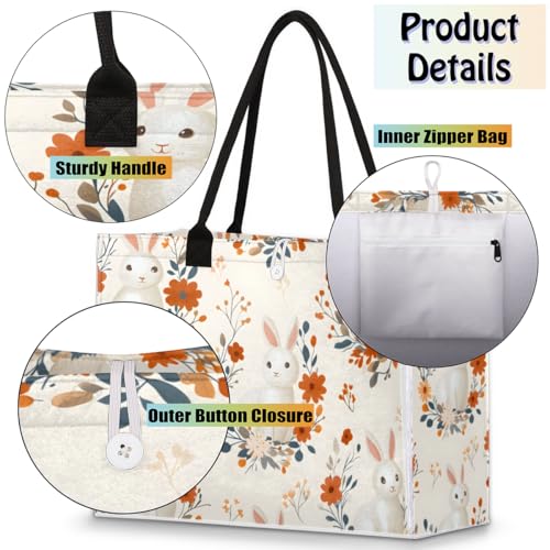 Bunny Easter Flowers Tote Bag for Women Large Beach Bag Reusable Tote Bags for Work Travel Beach Shopping4
