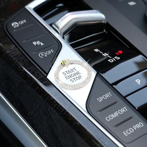 Image of ORIESSE Bee Car Accessories Engine Push Start Button Car Decor Ring | Silver Girly Start /Stop Button Charm,Bling Rhinestone Alloy Star Button Decoration Ring
