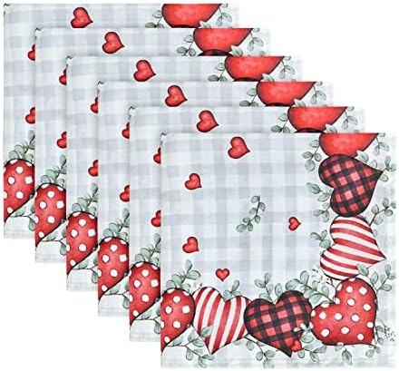 Horaldaily Valentine's Day Cloth Napkins 20 x 20 Inch, Buffalo Plaid Hearts Party Dinner Decoration Washable Napkins Set of 6