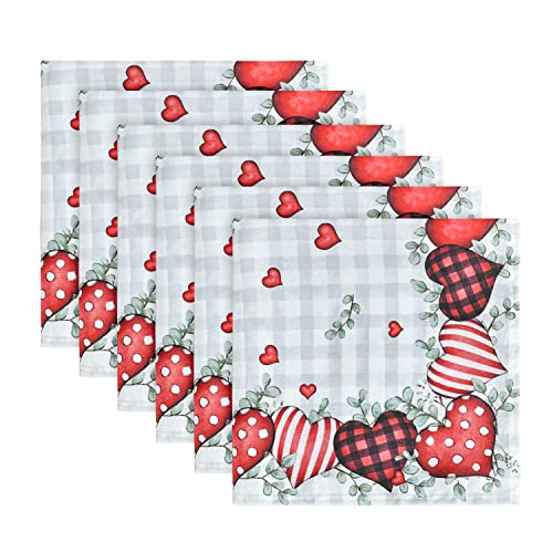 Horaldaily Valentine's Day Cloth Napkins 20 X 20 Inch, Buffalo Plaid Hearts Party Dinner Decoration Washable Napkins Set Of 6 #TOP23