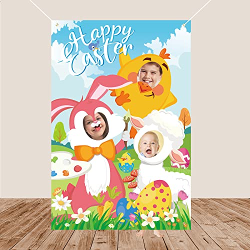 Toile de fond Happy Easter grand format en tissu avec passe-tête lapin amusant