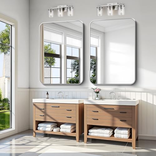 Image of KOCUUY Silver Bathroom Mirror, 48x36 Inch Large Bathroom Mirror for Over Sink, HD Tempered Glass, Anti-Rust Brushed Silver Frame, Rounded Corner Modern Design for Bathroom, Hang Horizontal /Vertical