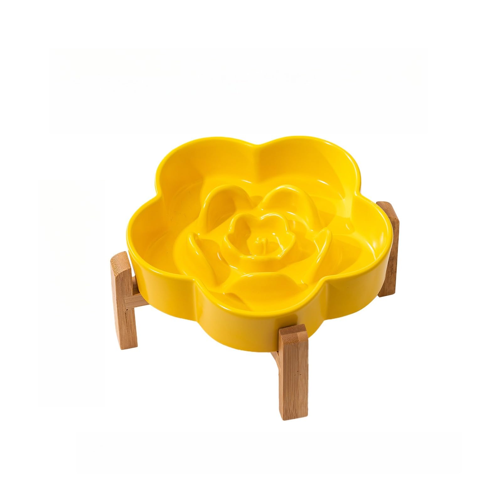 Raised Ceramic Pet Slow Feeder Bowl with Wooden Stand, Flower-Shaped,easy to clean,Free Non-Slip Silicone Mat,Anti-Gulping for Dogs and Cats,pink (Yellow, Elevated wood frame M (17 * 4.5cm))