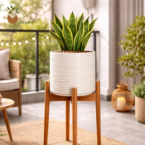 Image of Niyara Designer Ceramic planters pots for Indoor Outdoor Home, Garden Office Decor Balcony Planters Gamla Flower Size- Large, 8 inches (Off White Ribbed)