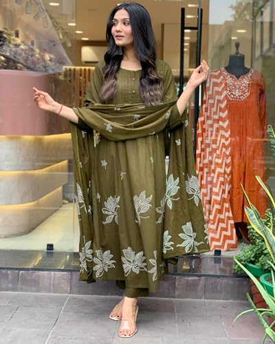 Image of GoSriKi Women's Rayon Viscose Anarkali Printed Kurta with Pant & Dupatta