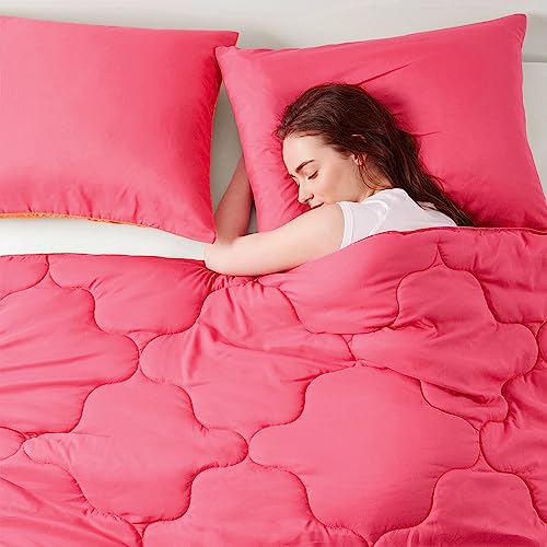 Image of Comfort Spaces Vixie Reversible Comforter Set - Trendy Casual Geometric Quilted Cover, All Season Down Alternative Cozy Bedding, Matching Sham, Pink /Orange, Twin /Twin XL 2 piece