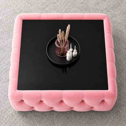 Image of Premium Tufted Upholstered Coffee Table with Mica Top - Modern Square Ottoman Center Table, Soft Velvet Finish, Luxury Living Room Furniture - 30 x 30 x 18 Inch (Pastel Pink)