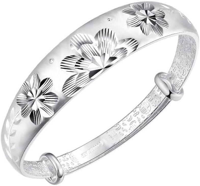 ブレスレット、女性用スターリングシルバーブレスレット、女性用925スターリングシルバーブレスレット手彫り蓮の花調節可能なカフバングル