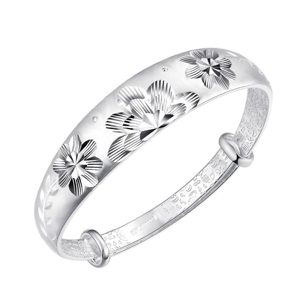 Braccialetti a catena con polsino in argento sterling moda, Bracciale in argento sterling 925 da donna Intagliare a mano Bracciale con polsino regolabile con fiore di loto Gioielli in argento da donna
