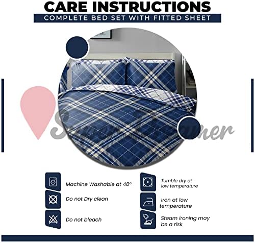 Super Dreamer Soft Tartan Duvet Cover With Fitted Sheet Set, Reversible 4 Pc Bedding Sets King Size, Complete Bed Set, Blue, 714866