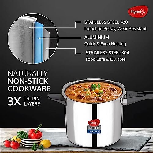 Image of Pigeon Stainless Steel Elite Shine 2 L +3 L Combo Tri-Ply Body Outer Lid Pressure Cooker Induction And Gas Stove Compatible That Distributes Heat Evenly For Uniform Cooking, 5 Liters, Silver