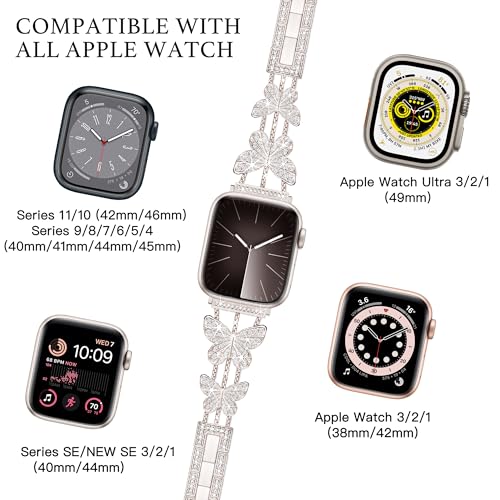Image of Butterfly Band for Apple Watch Bands 44mm 45mm 46mm Starlight | Series 11 10 9 8 7 6 5 4 3 iWatch SE Ultra Band for Women, Slim Thin Metal Fancy Bling Dressy Strap for Apple Watch Band