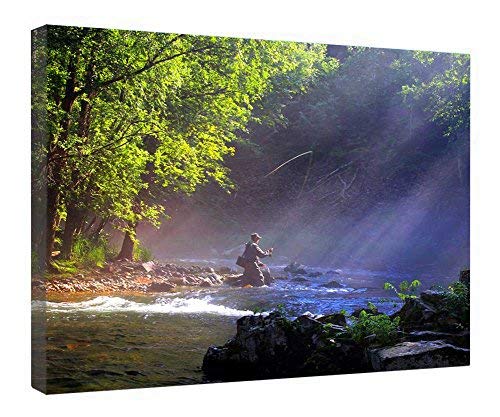 Pêche à la mouche impression sur toile de rivière avec cadre bois déco murale 40x50 cm