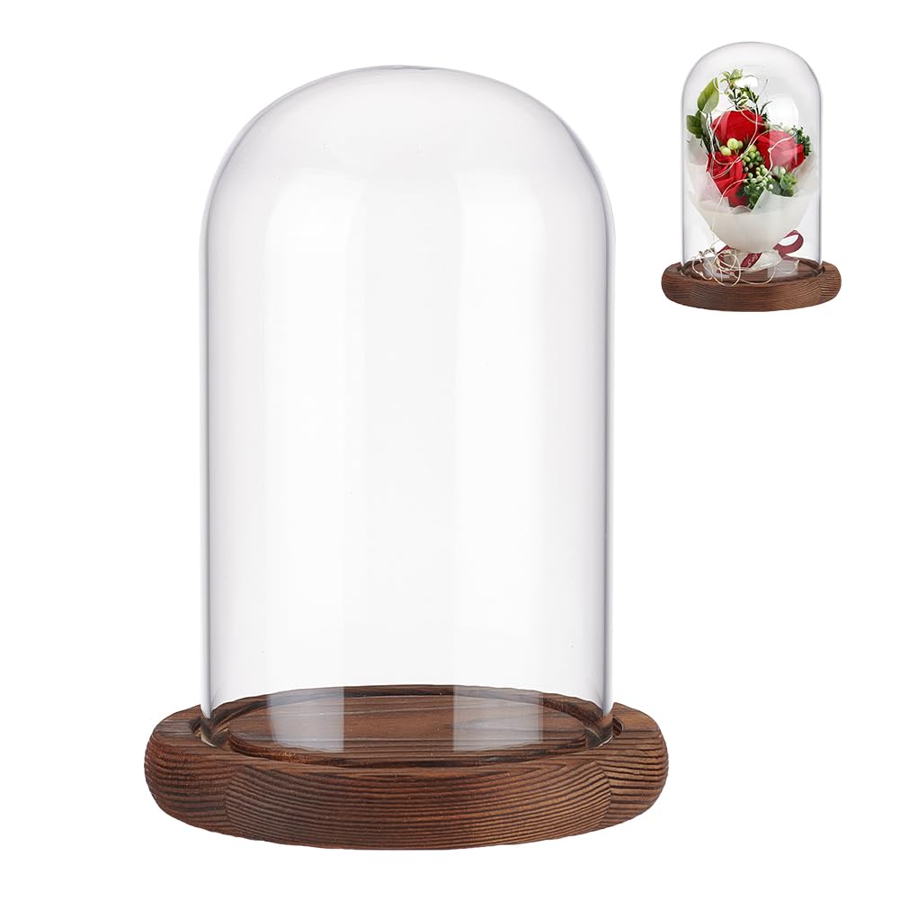 NBEADS Eternal Flower Glass Display Dome Cloche, Glass Display with Coconut Brown Wood Pedestal Bell Jar Cloche for Valentine's Day Mother's Day Flower Decorations Crafts, 4.45×6.42 Inch